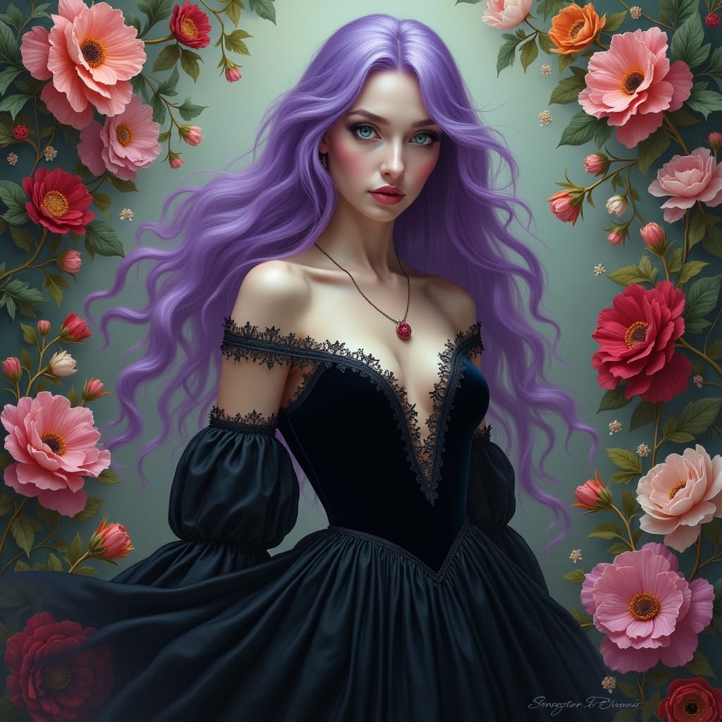 Woman in Floral Tapestry, Cinematic Style