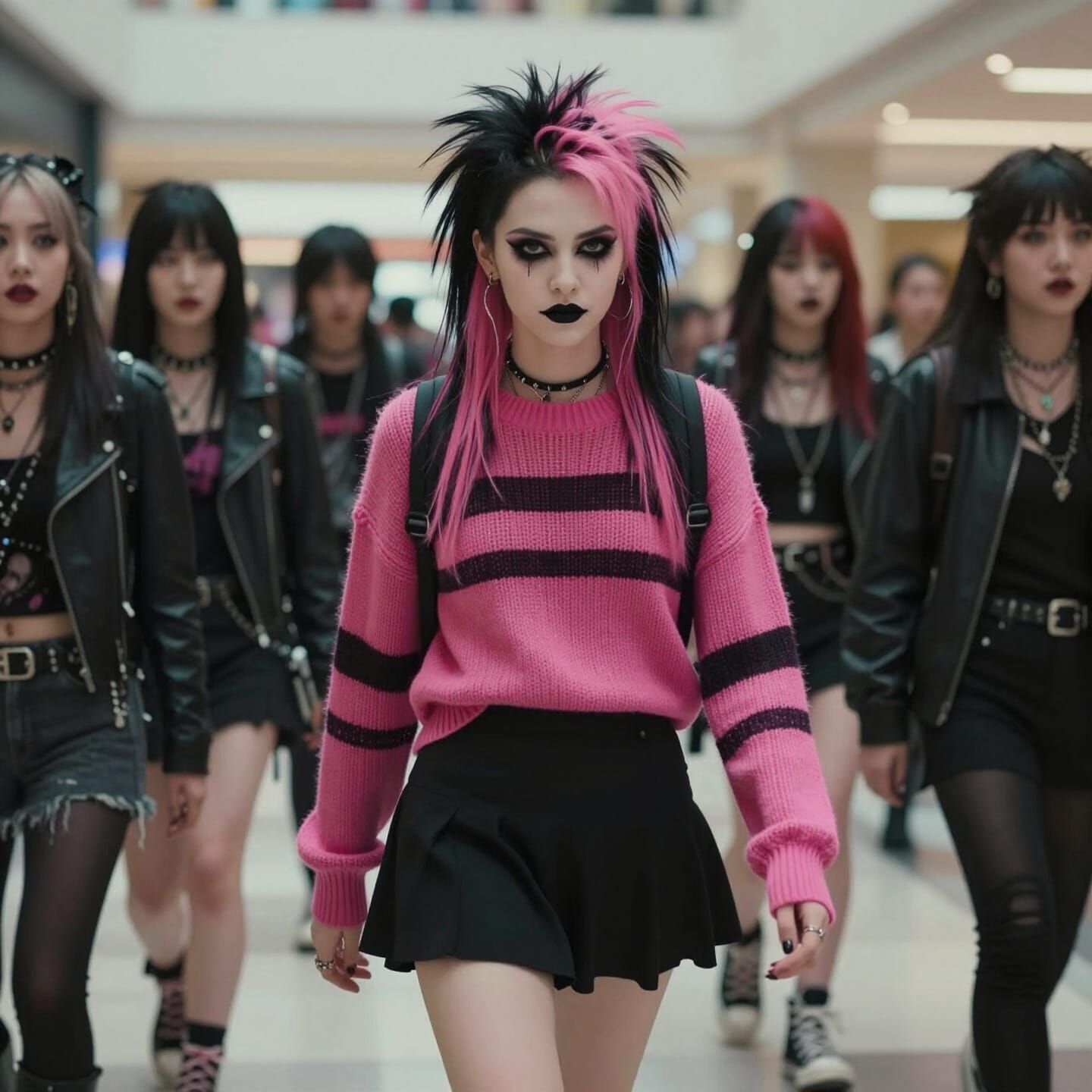 Punk Girl with Pink Hair in Mall Cinematic Film Still