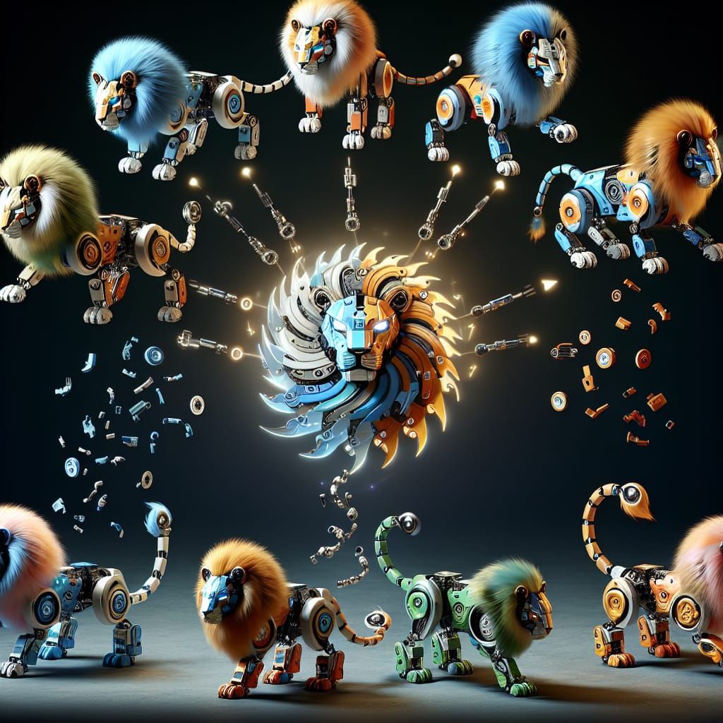 five mini lion bots come together to form one super lion-bot