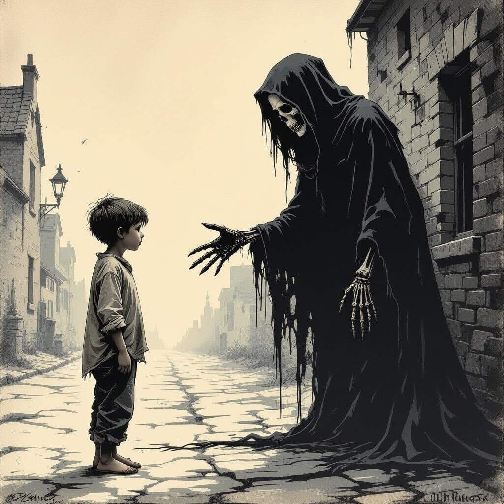 Boy Meets Death in Desolate Street: Dark Fantasy Art