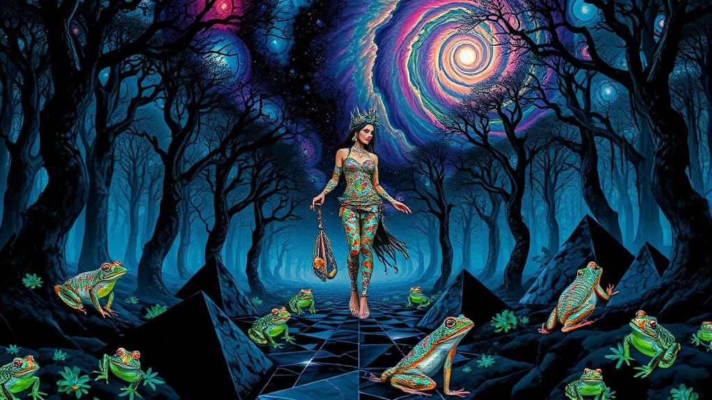 Surreal Woman Embodied in Tribal Patterns Walks on Black and...