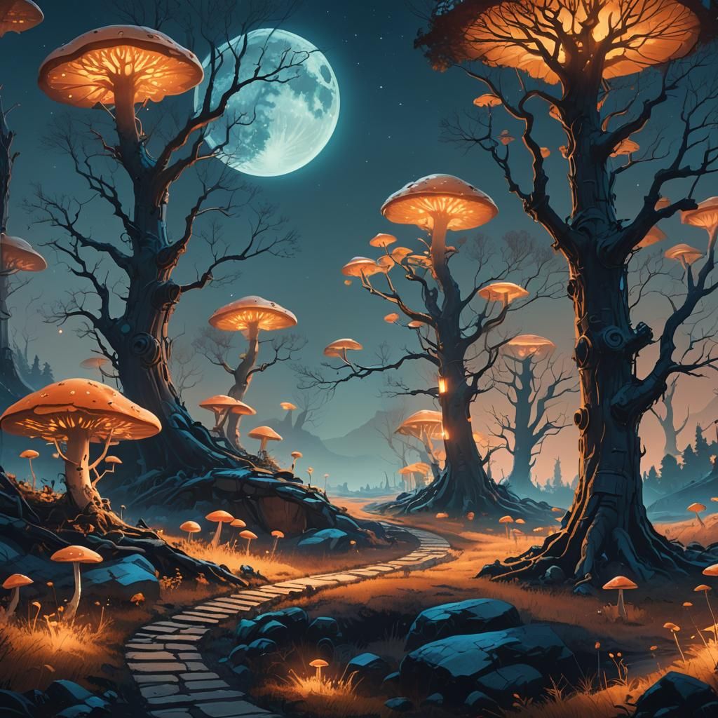Mystical Night Moon Landscape in Fantasy Art Style