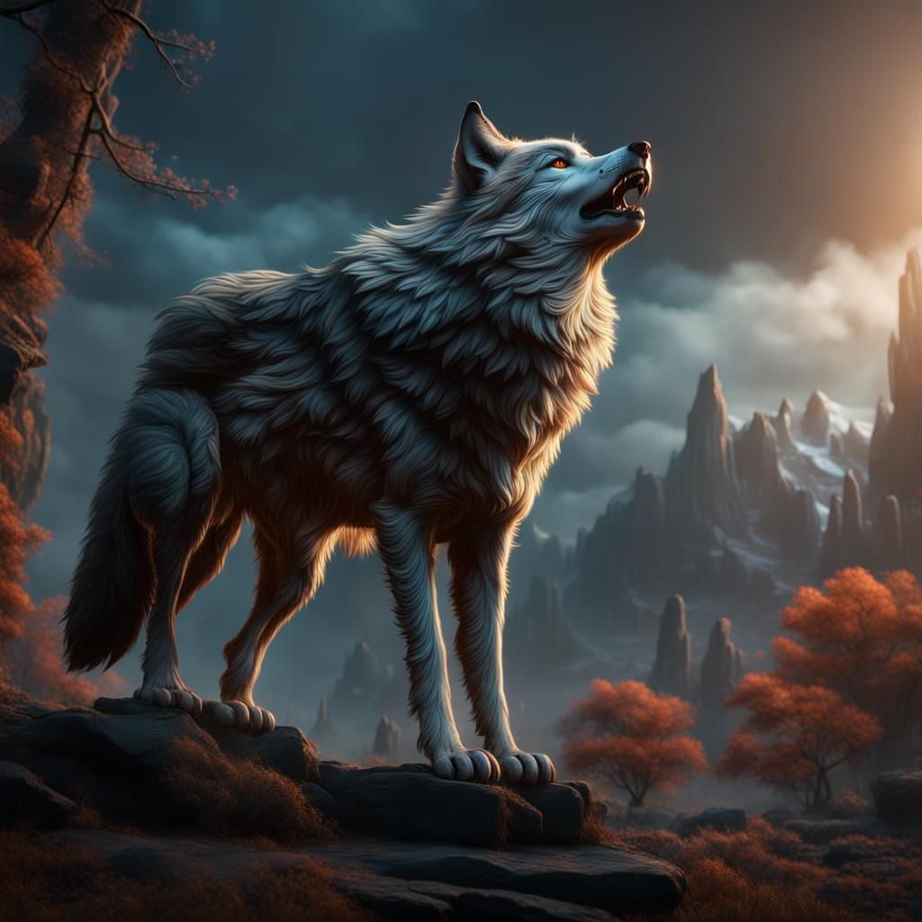 Fantastical Wolf Howling in Detailed Matte Painting