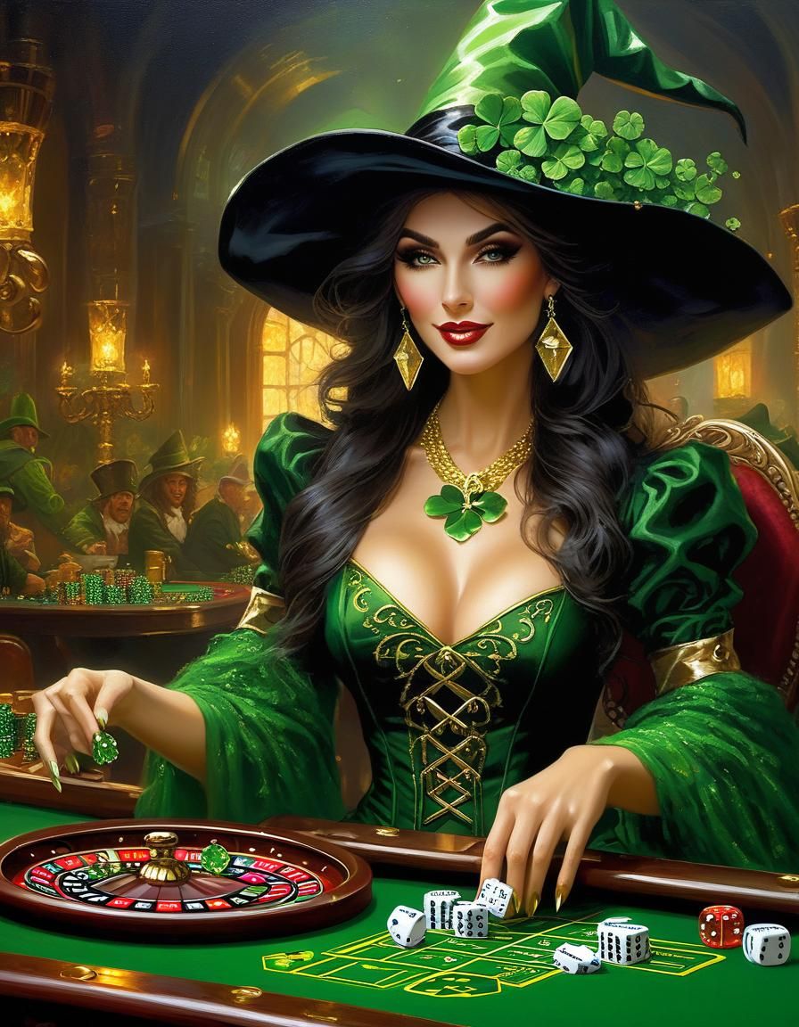 Lucky Witch Rolls Dice: Royo-Style Oil Painting