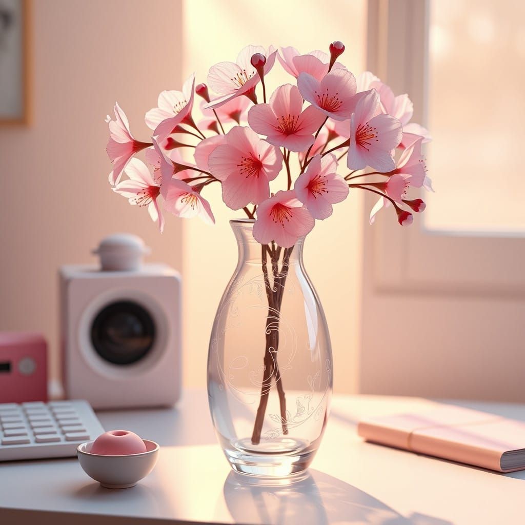 Surreal Crystal Vase Blooms in Morning Light, Anime-Inspired