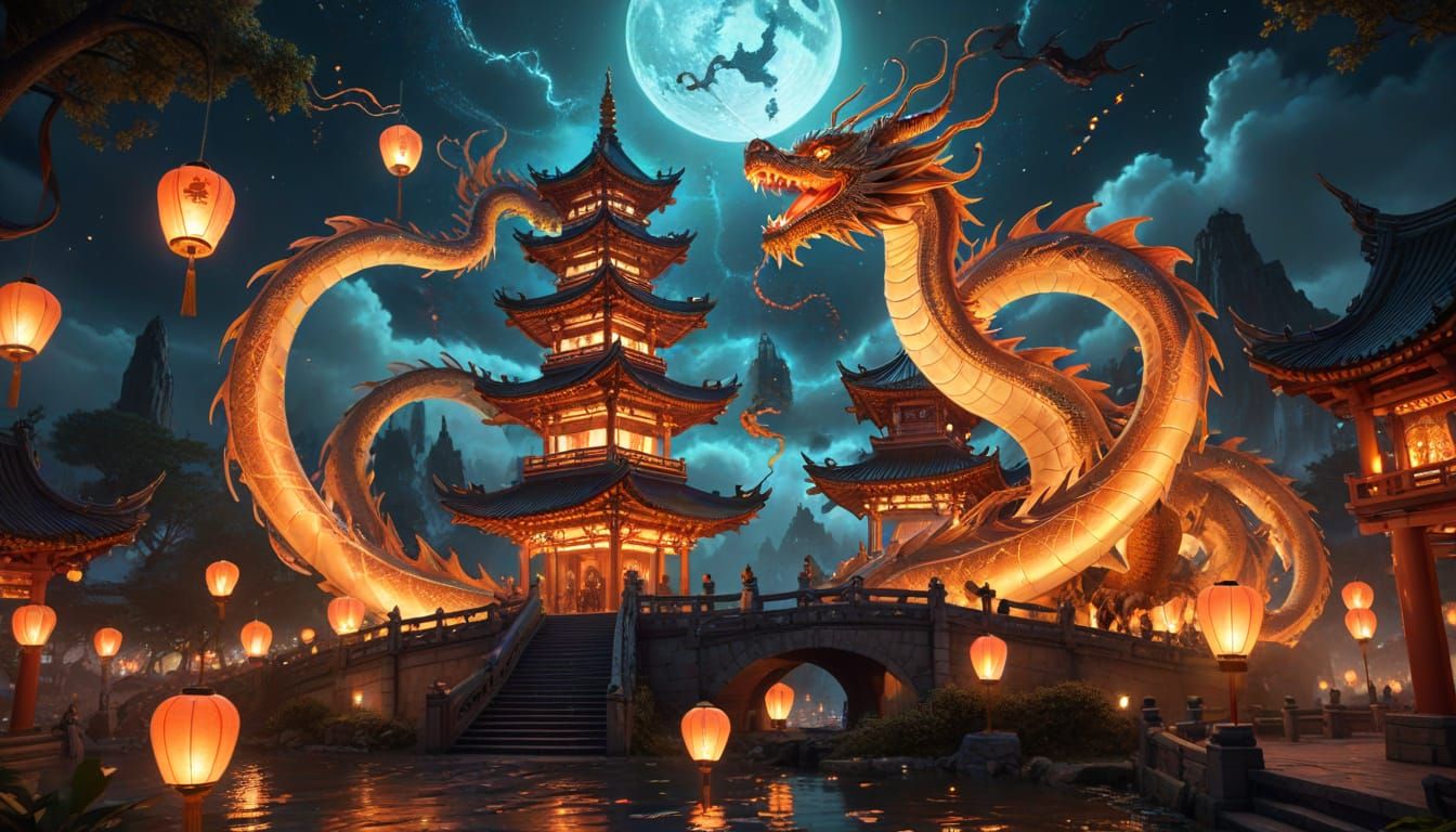 Dragons Spiral Around Pagoda in Lantern Festival