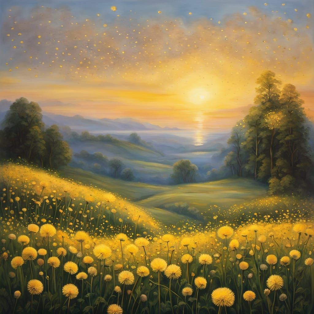 Dandelion Seeds Drift on a Gentle Breeze Amidst Vibrant Yell...