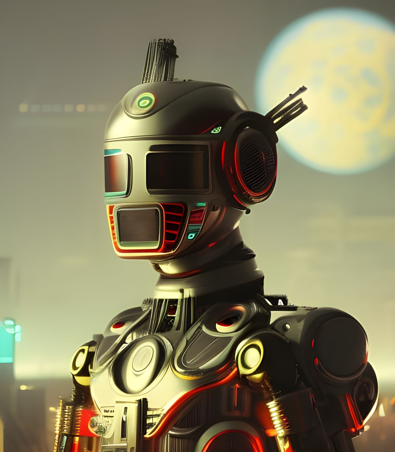 Synthwave Robot Gazing into Neon Retro Distance