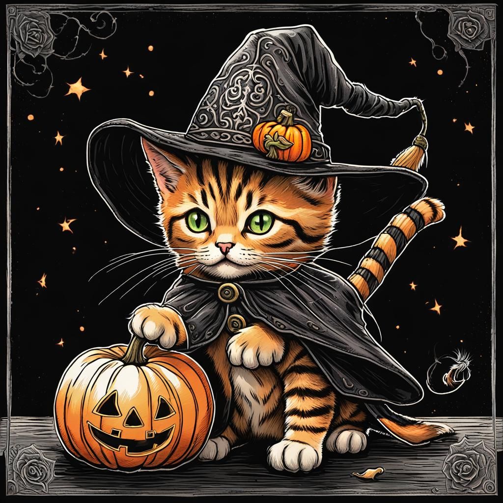 Tabby Kitten Trick-or-Treating in Comic Book Art