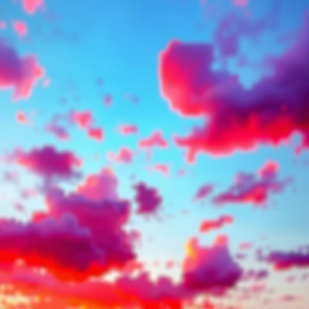 Vibrant Surrealism: Red Sky with Purple Chessboard Clouds