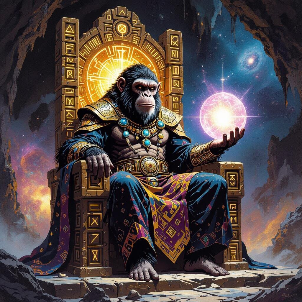 Wise Ape King on Rune Throne with Cosmic Orb