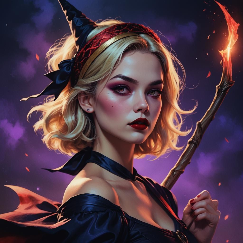 Fantasy Witch Flying on Broomstick in Dark Fantasy Style