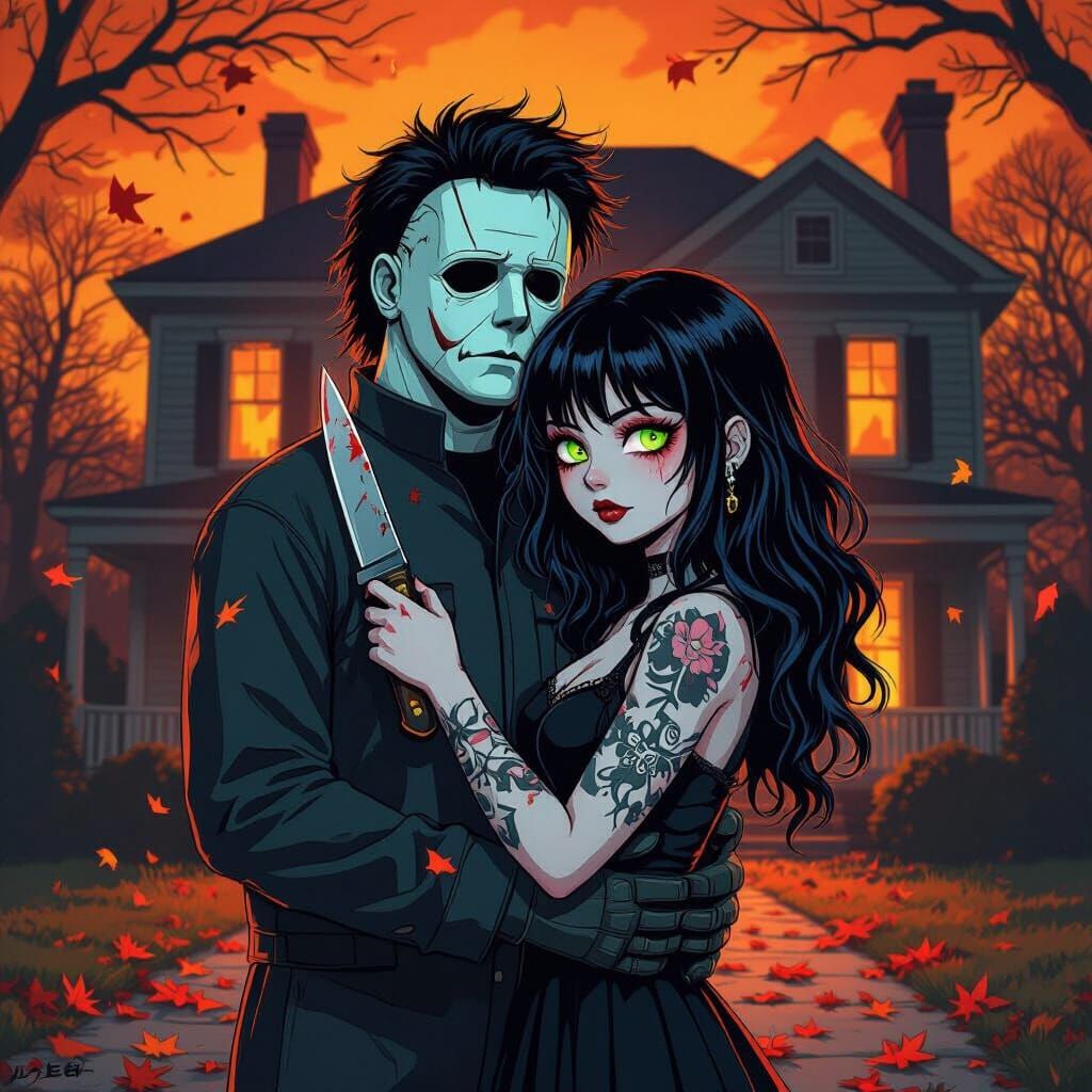 Michael Myers Hugs Goth Girl in Neon Horror Anime