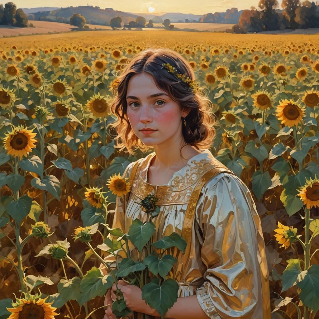 Autumn Goddess Surrounded by Sunflowers, Academic Style