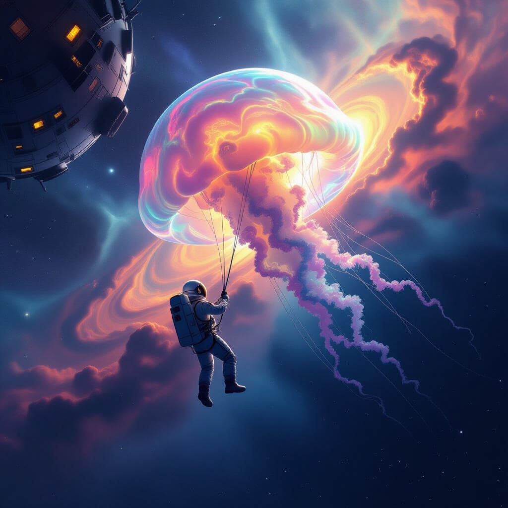 Astronaut Gazes at Cosmic Jellyfish Nebula