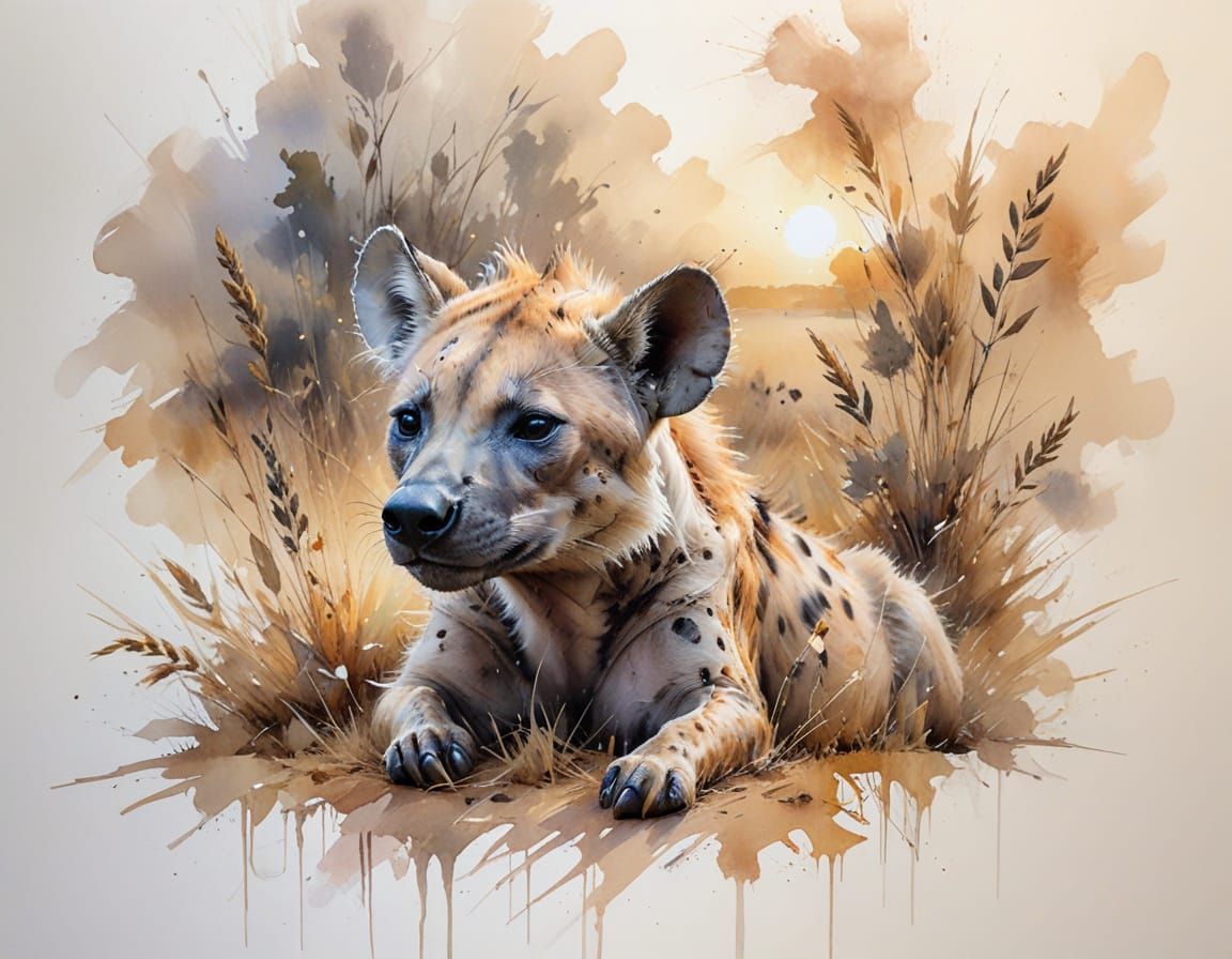 Spotted Hyena Resting in Savannah, Realistic Watercolor Styl...
