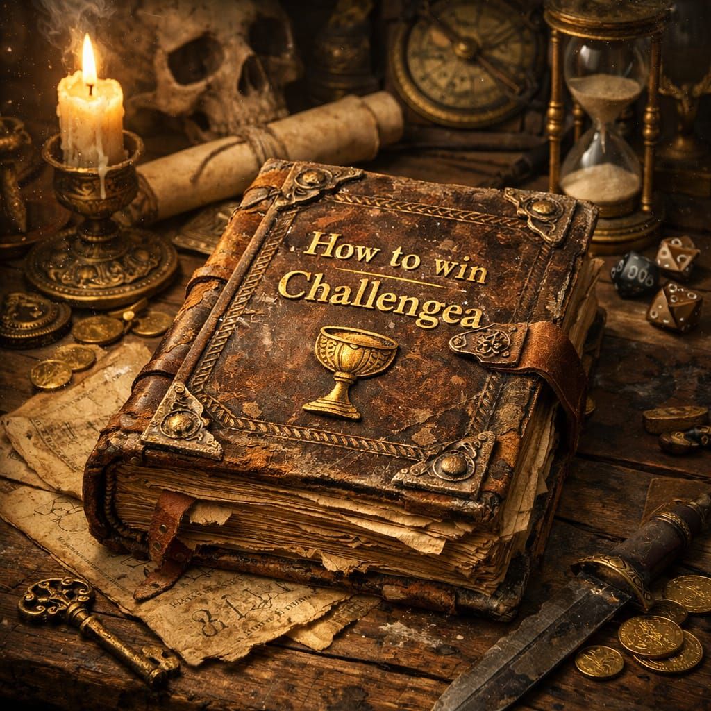 Ancient Book "How to Win Challengea" on Table