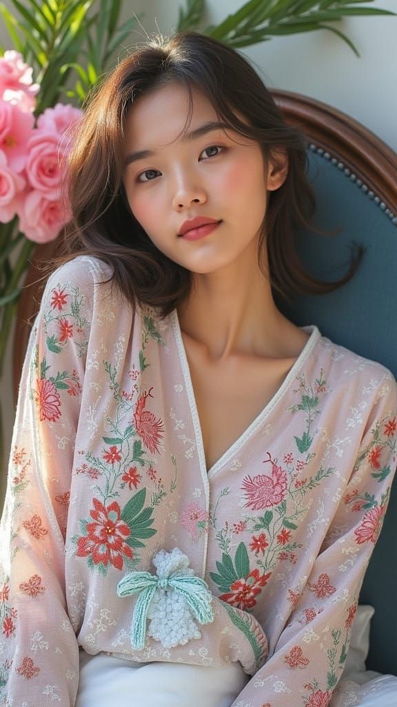 Gentle Korean Woman Reclines in Serene Bohemian Setting