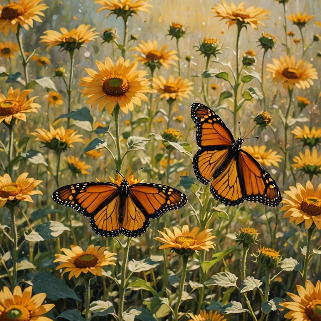 Monarch Butterfly Nectaring in Impressionist Meadow