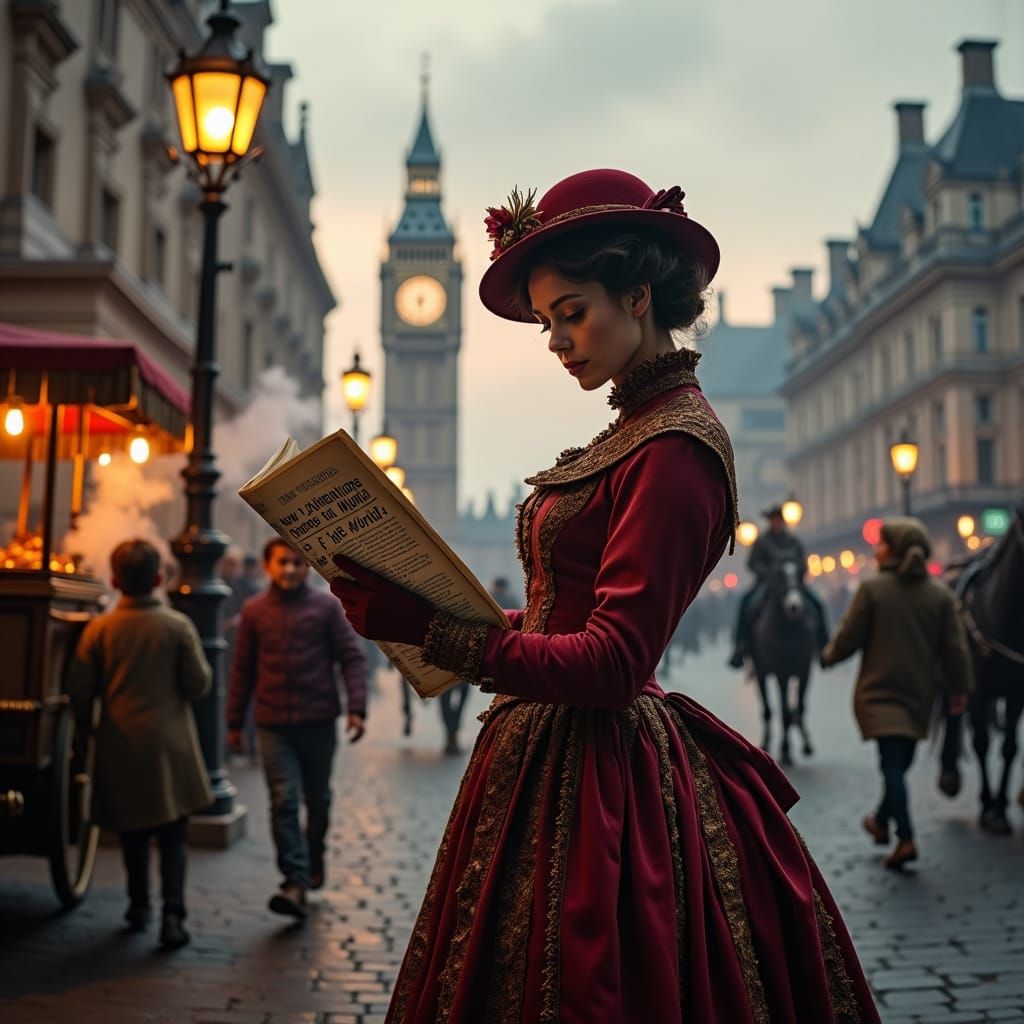 Victorian Woman Reads News by Gaslight in London