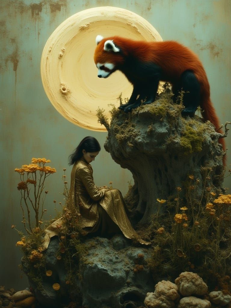 Ethereal Child Meets Red Panda on Mushroom, Macro Photograph...