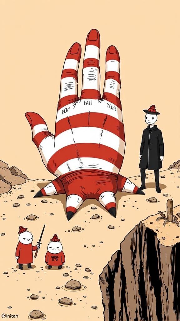 Surreal Desert Scene with Giant Hand in Comic Book Style