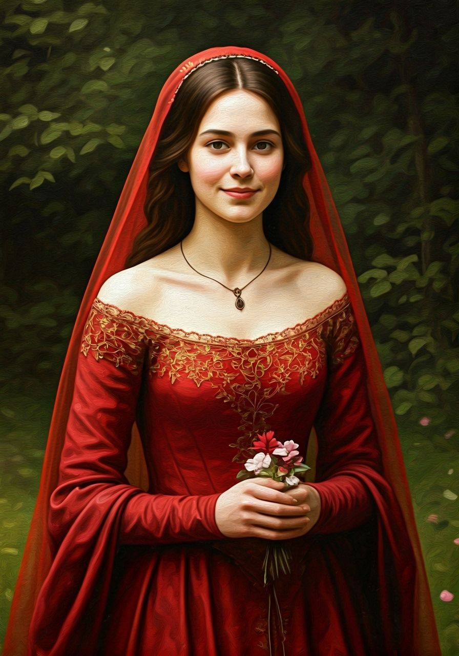 Medieval Bride in Crimson Gown Walking Through Woods
