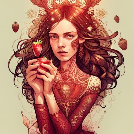 Strawberry Queen with Golden Outlines, Digital Art