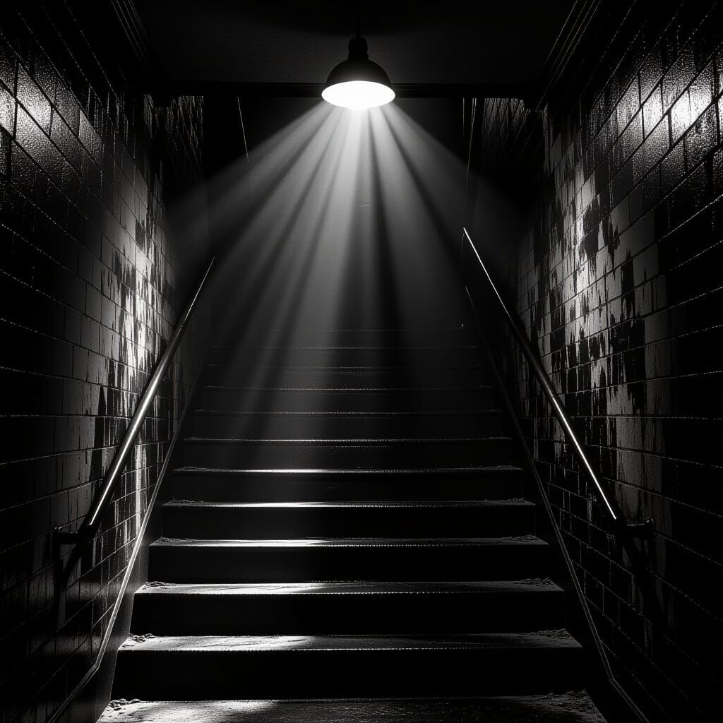Dark Stairwell with Harsh Light and Long Shadows
