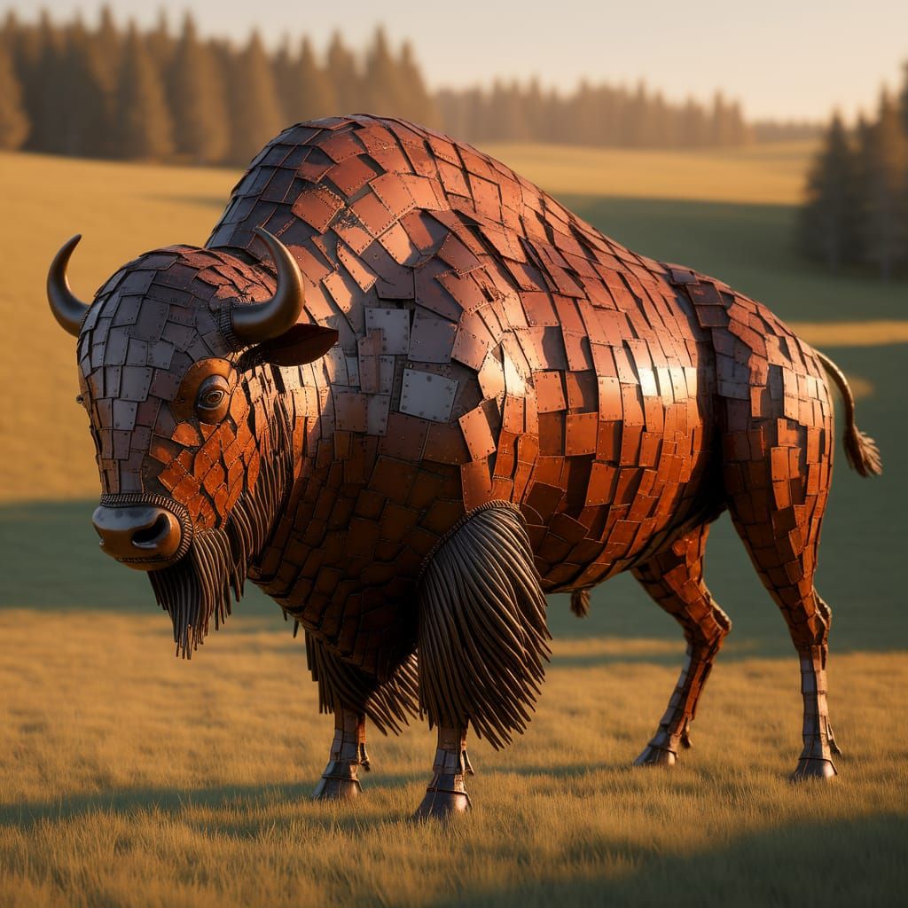 Majestic Scrap Metal Bison in Sunlit Meadow