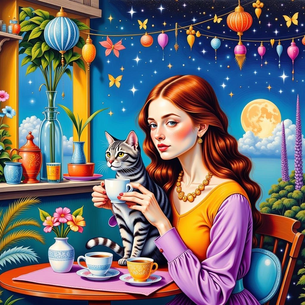 Whimsical Croatian Woman Sips Coffee with Cat in Dreamlike S...