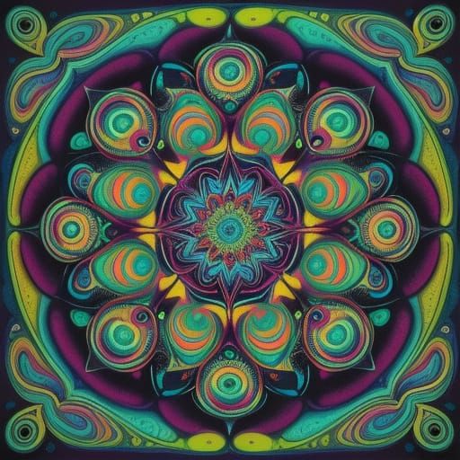 A 1970s psychedelic poster illustrating a serene druid commu...