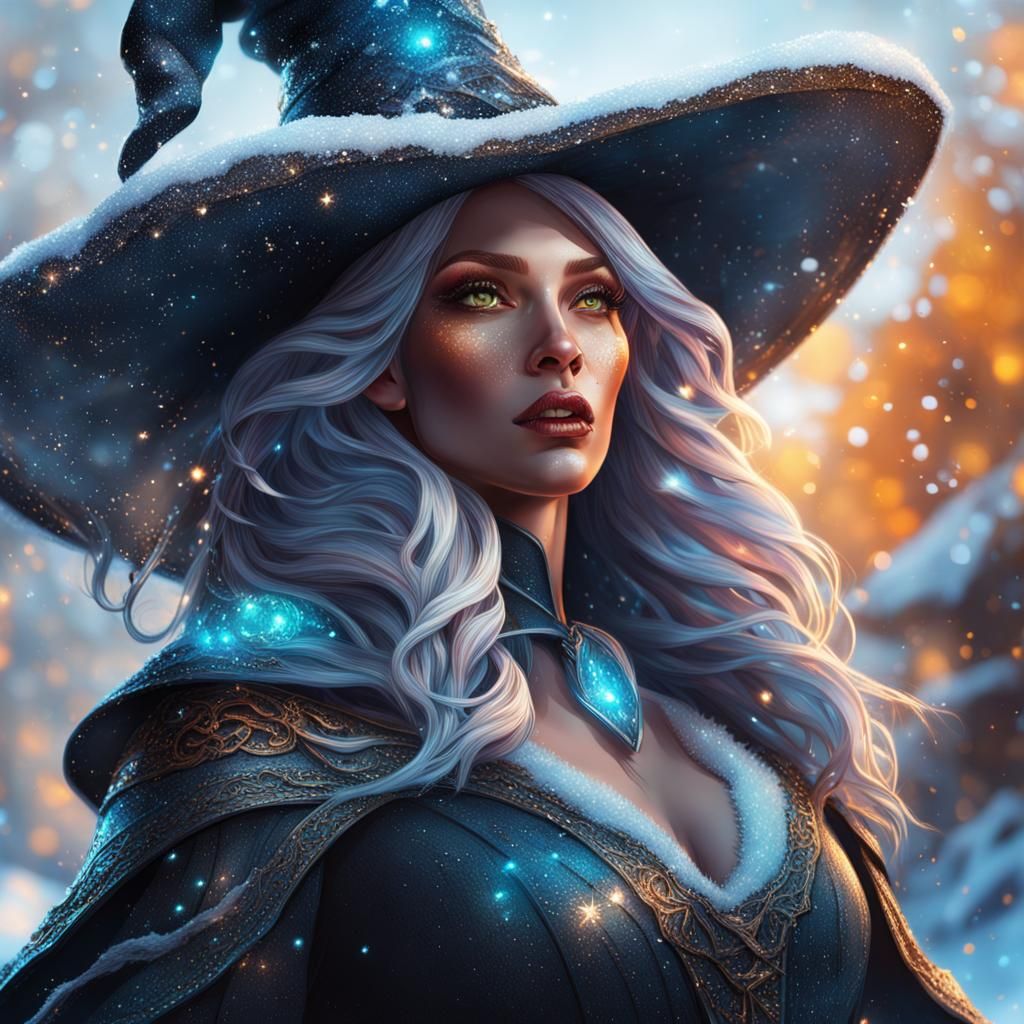 Glittering Winter Witch in Hyperrealistic Style