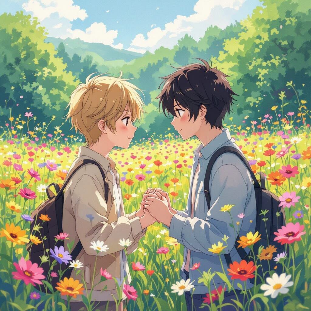 Anime Boys in Pastel Attire Holding Hands in Flower Meadow
