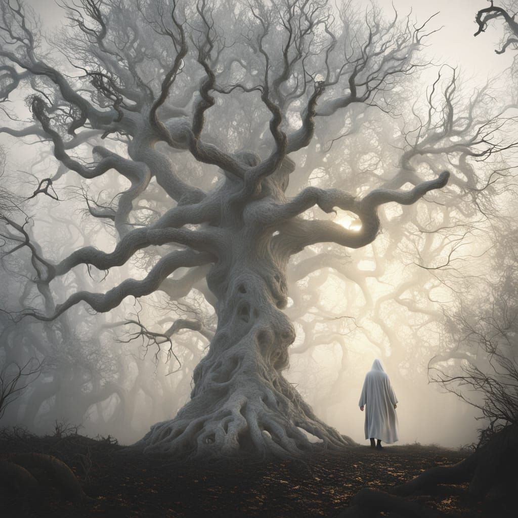 Eerie Pale Figure in Misty Gothic Forest