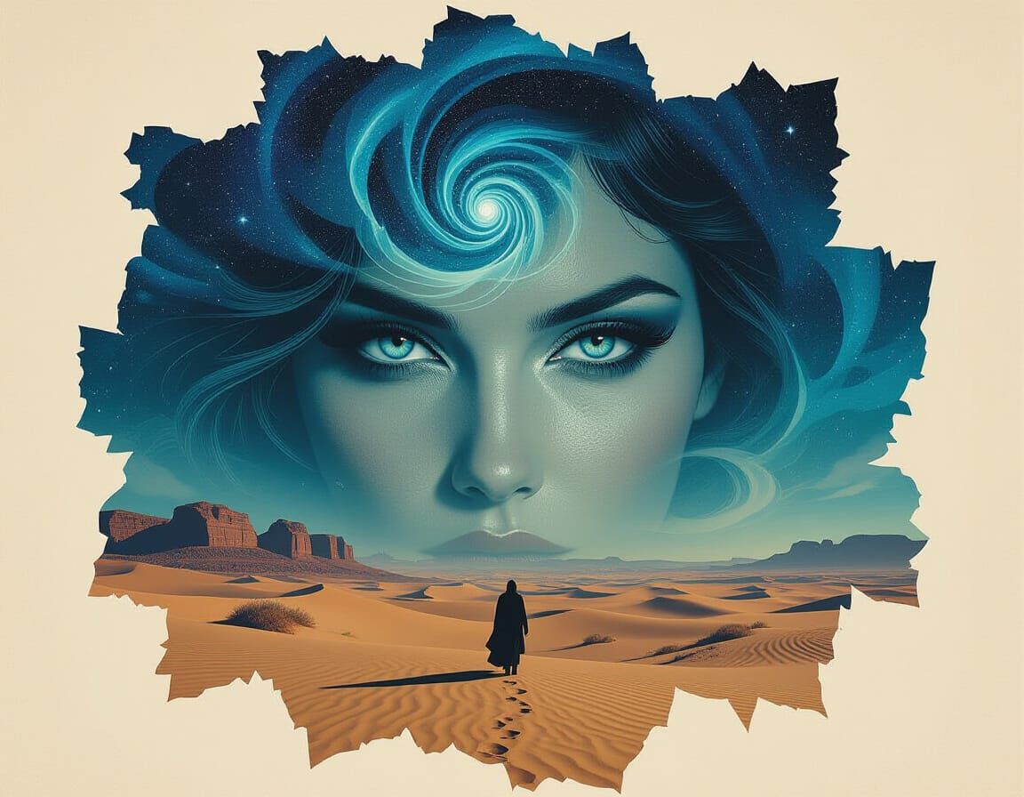 Mysterious Woman Desert Double Exposure Surreal Art