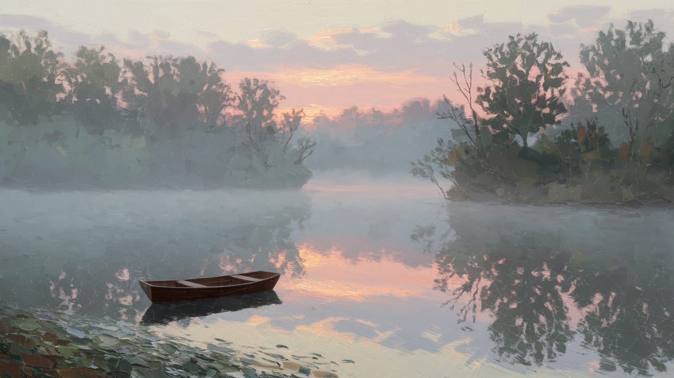 Impressionist Lake at Dawn in Soft Mist
