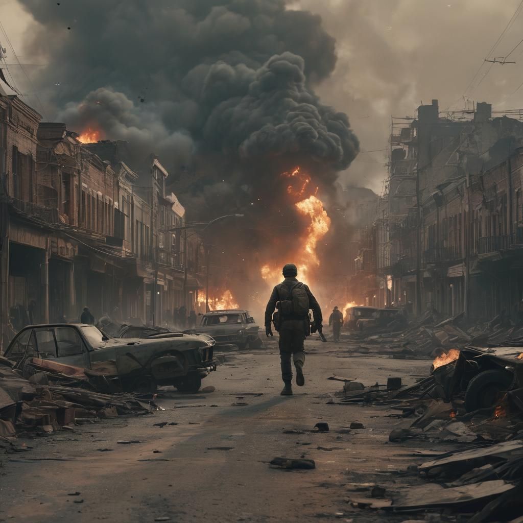 Burning City Escape: A Cinematic Film Still