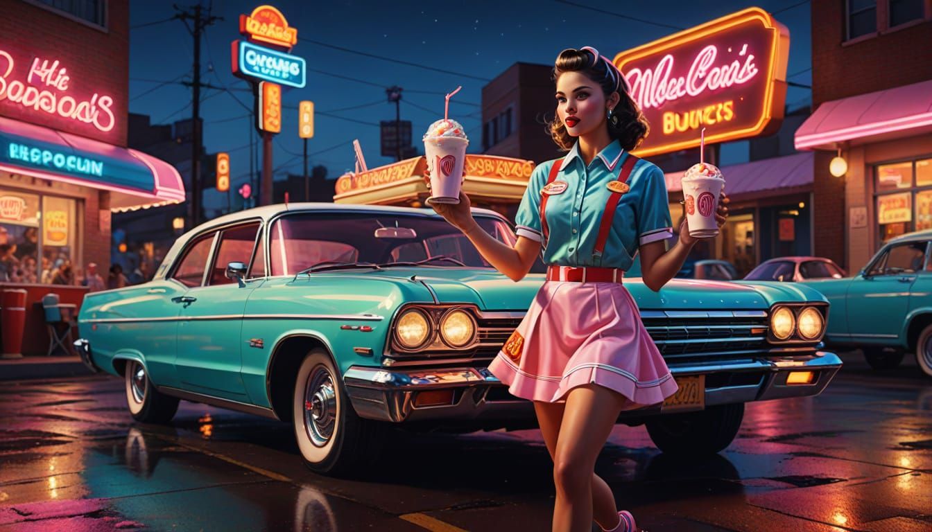 Nostalgic 50s Carhop in Splash Art Style