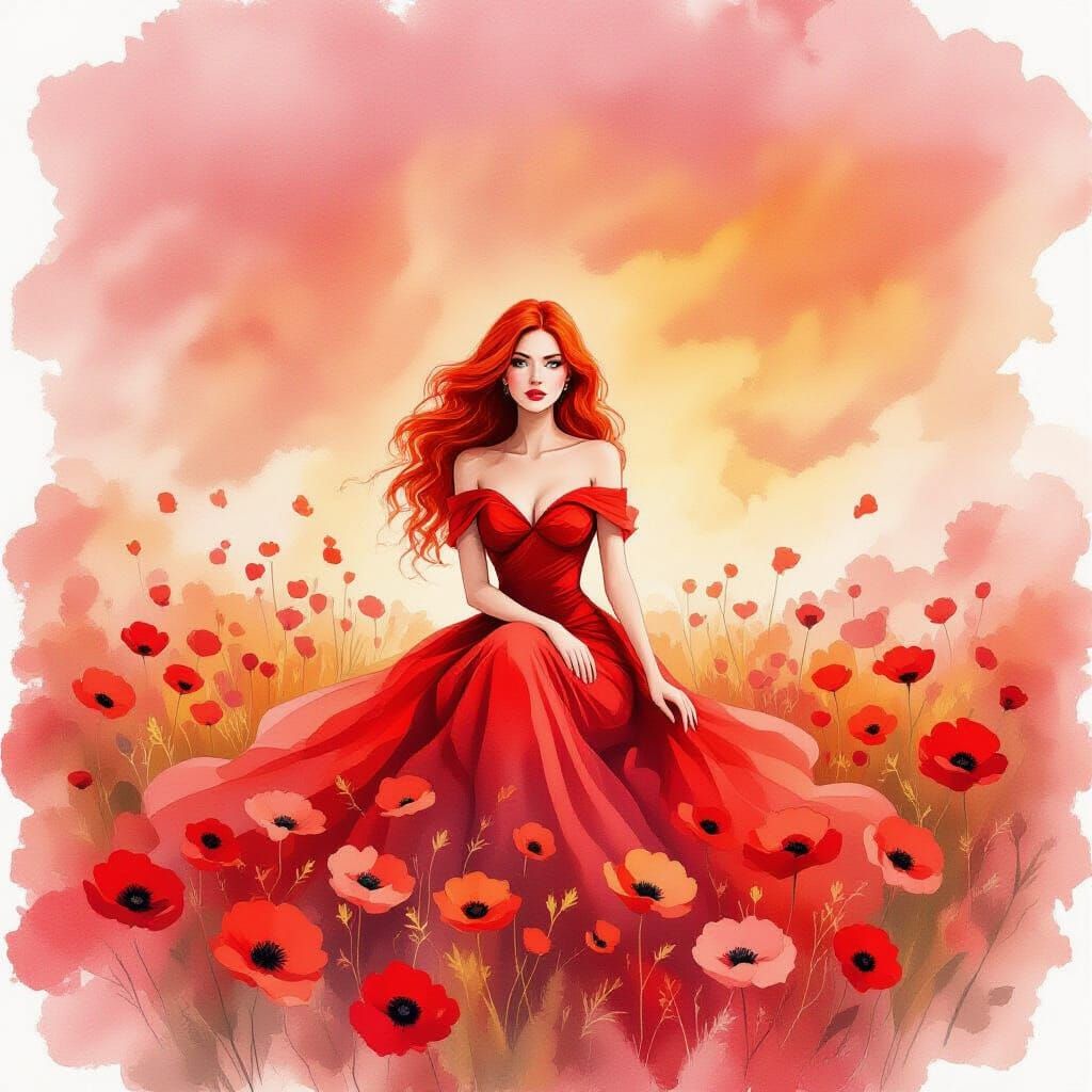 Fiery Red Woman in a Field of Flowers, Watercolor Style