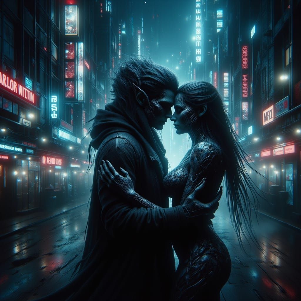 Forbidden Love in a Chaotic Cyberpunk Cityscape