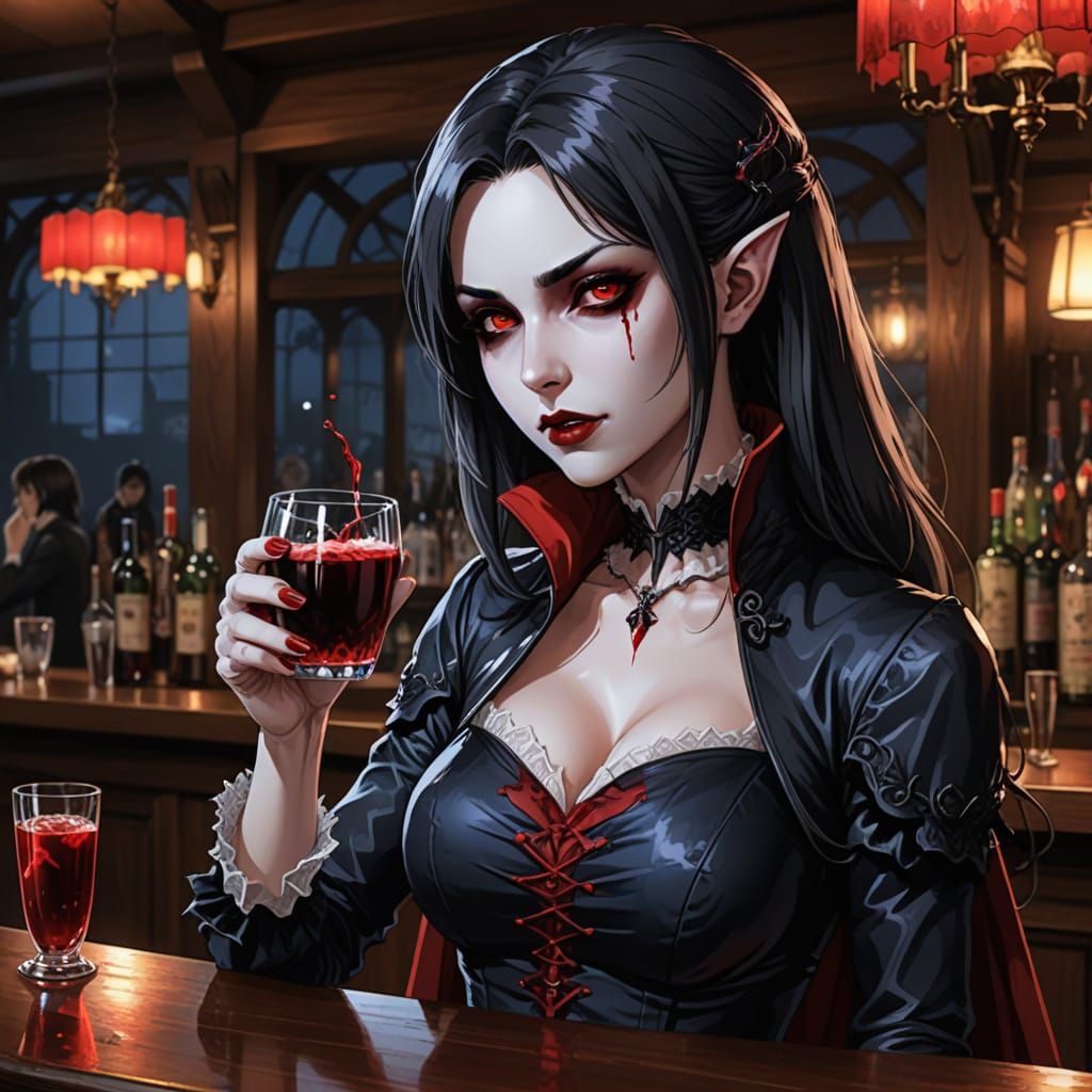Gothic Vampire Goddess Sips Blood in a Neon-Lit Bar