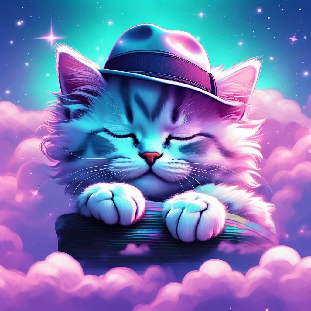 Sleepy Vaporwave Kitty wearing a Fedora
