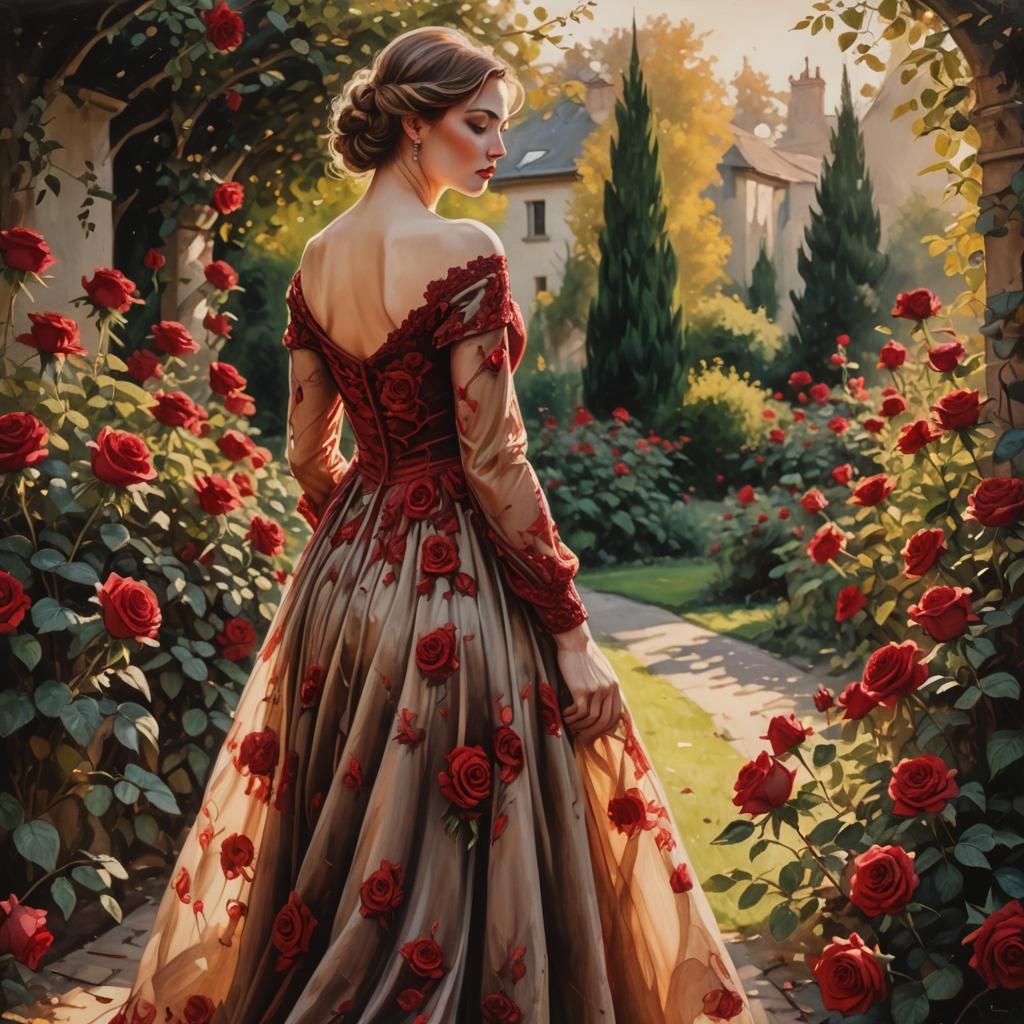 Woman in Rose Garden: Modern European Oil Painting