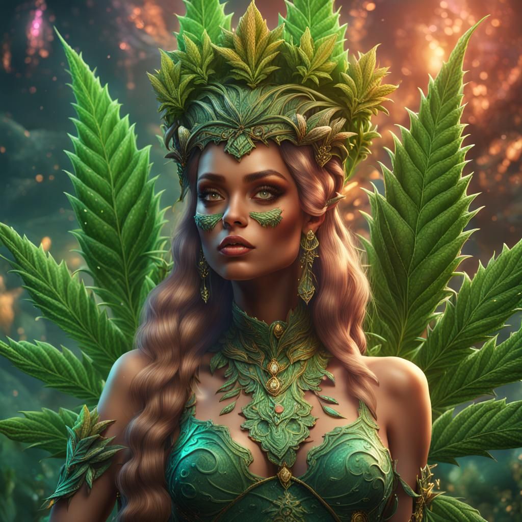 Sensual Cannabis Elf Queen in Detailed Digital Painting
