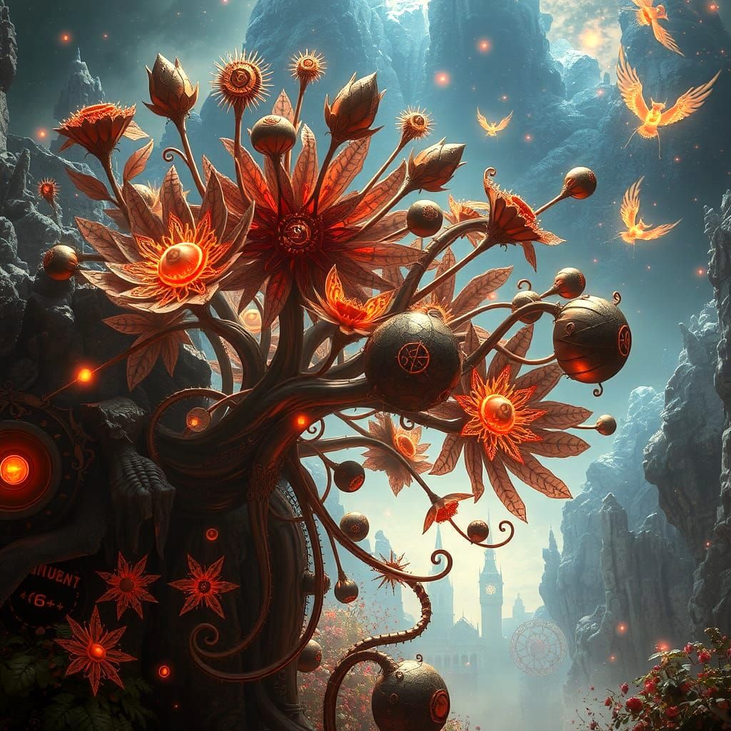 Cosmic Steampunk Bush with Art Nouveau Mechanical Flowers