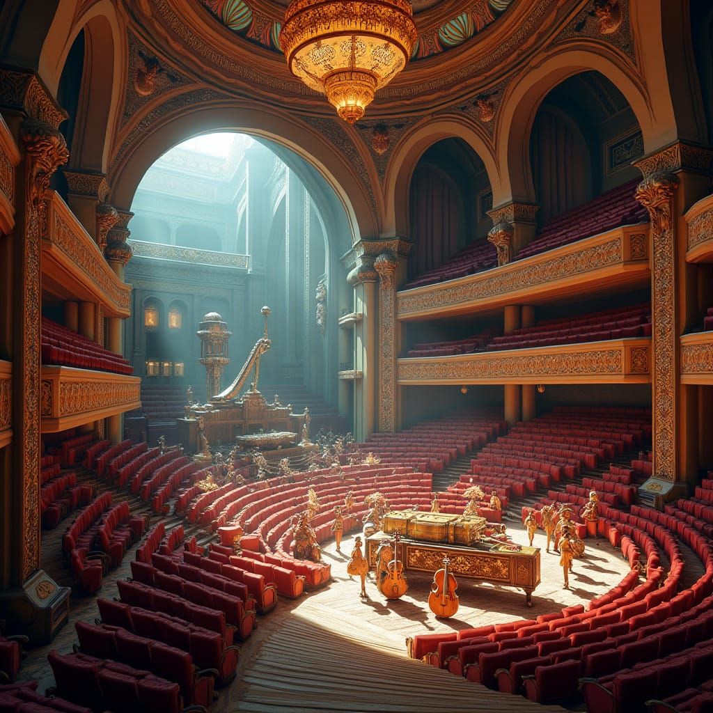 Grand Art Deco Amphitheater Filled with Intricately Detailed...