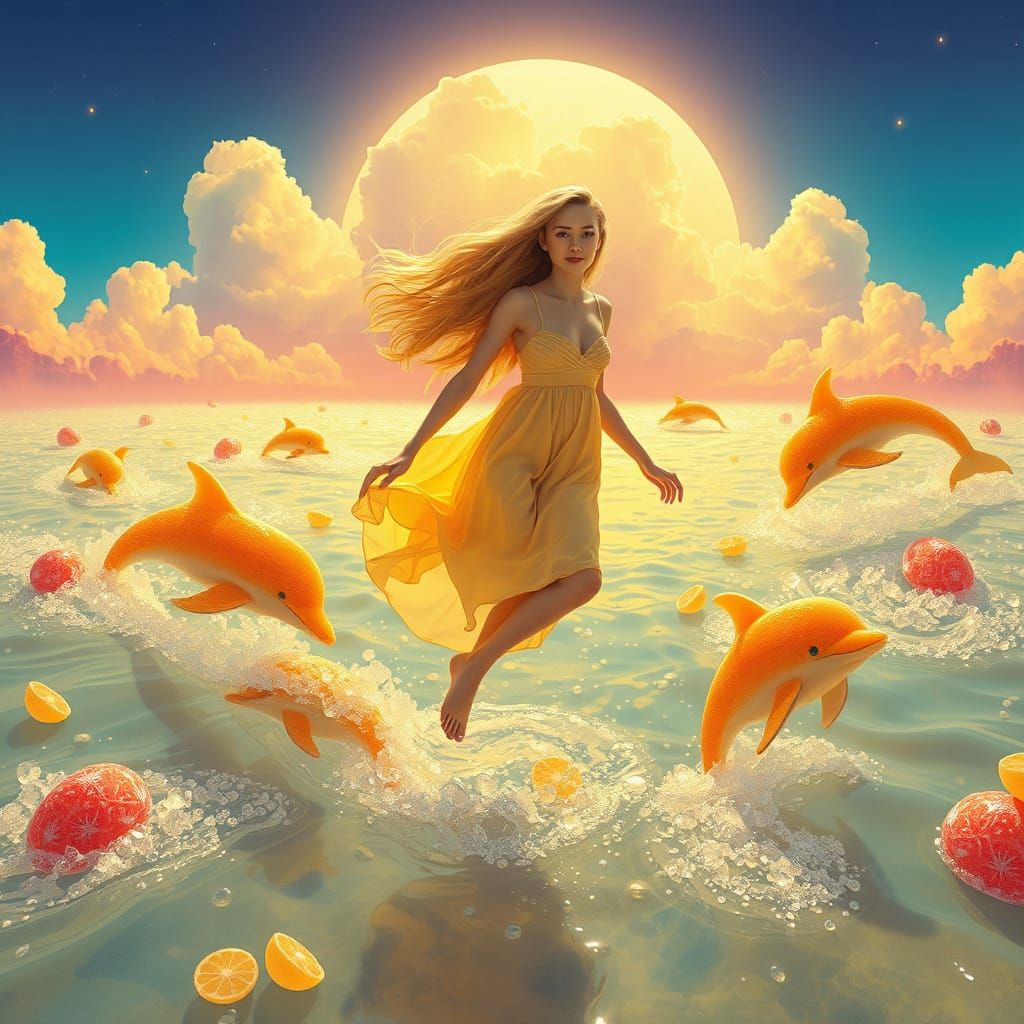 Woman Glides Over Soda Sea with Candy Dolphins