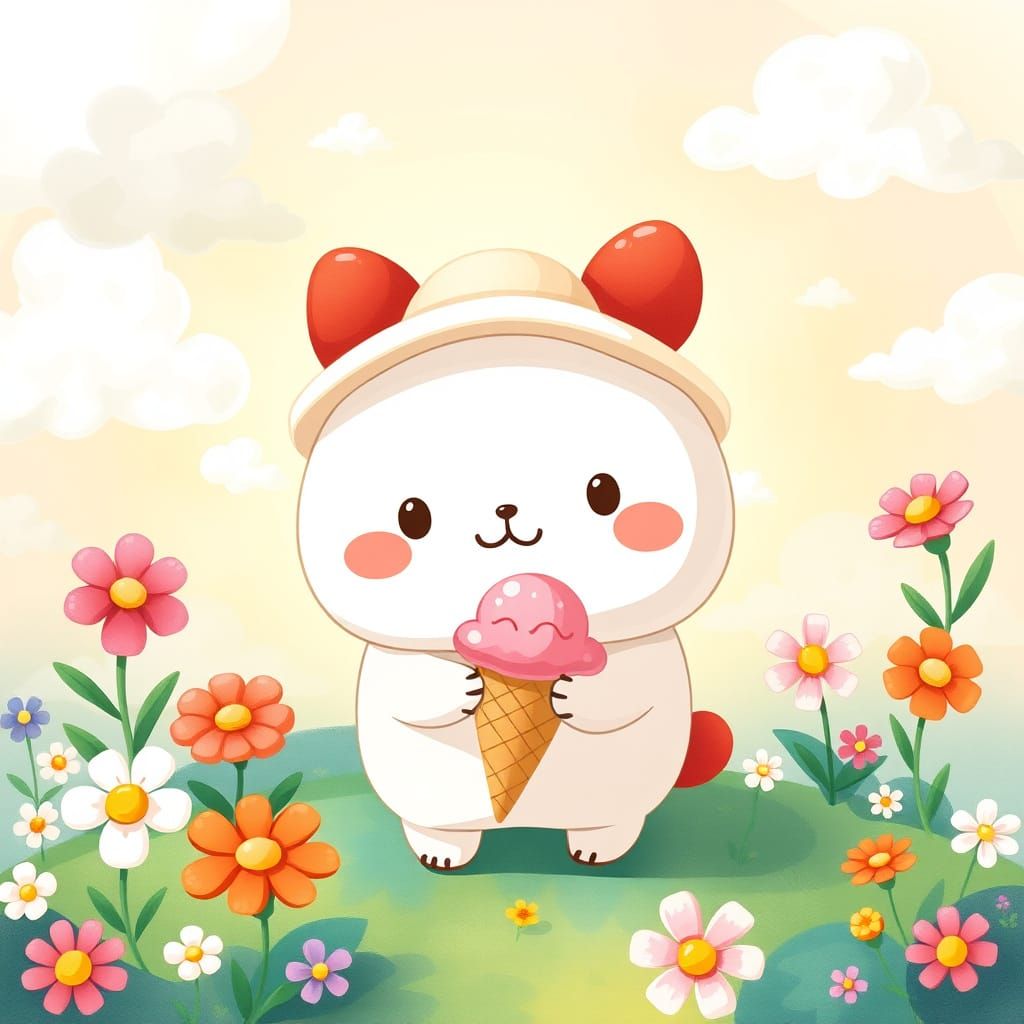 Kawaii Pompompurin in Whimsical Floral Wonderland