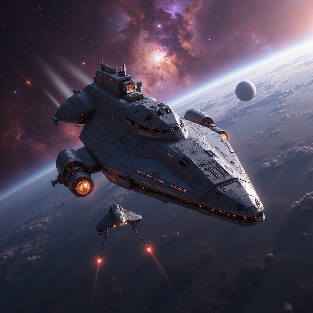 Small Spaceship Approaches Enormous Starship in Deep Space